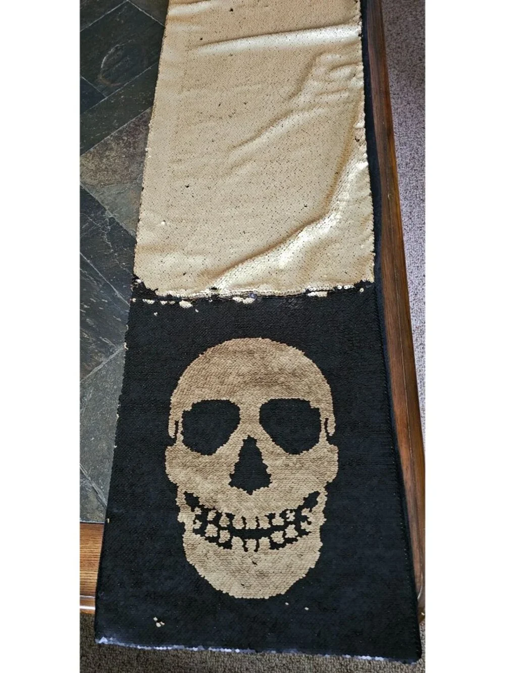 Max Studio Home Reversible Black Gold Skull Sequin Table Runner Halloween Decor